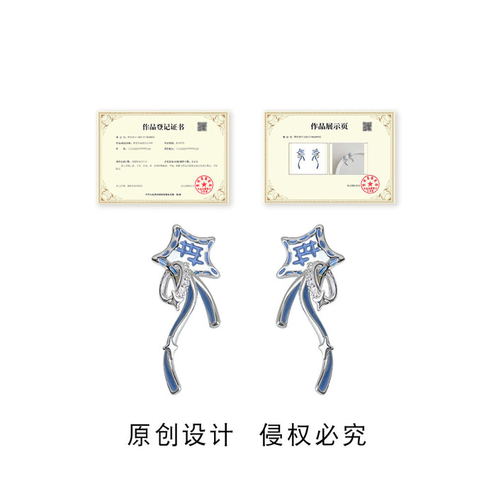 Silver Tone Blue Enamel Wish Star Drop Earrings Clear Stone Accents