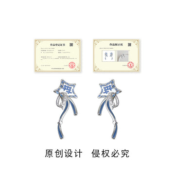 Silver Blue Enamel Wish Star Ribbon Trail Drop Earrings