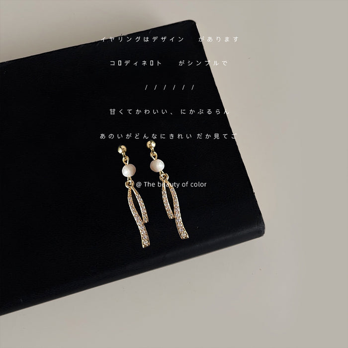 Gold White Pearl Twisted Crystal Ribbon Drop Stud Earrings