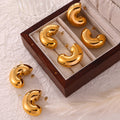 Chunky Glossy C-Shape Metal Stud Earrings Gold Steel Tones view 4