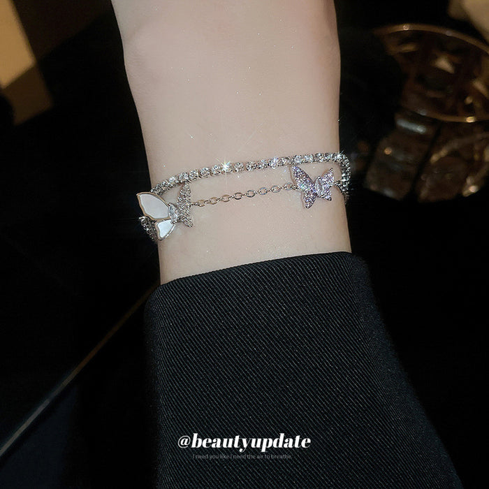 Silver Tone Double Strand Butterfly Bracelet With Clear Crystal Row
