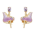 Gold Pink Enamel Ballerina Drop Earrings Purple Crystal Pair view 5