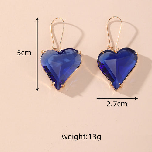 Royal blue faceted heart drop earrings with gold hooks size diagram
