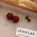 Dark Red Round and Faceted Square Front Back Stud Earrings view 4