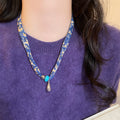 Blue Floral Ribbon Necklace With Heart Pendant Beaded Jewelry view 1