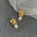 Gold Crumpled Metal Stud Earrings With Pearl Drops view 4