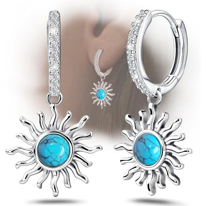 Blue Stone Sunburst Silver Tone Hoop Earrings Polished Jewelry Accessory