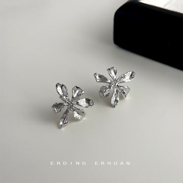 Silver Textured Iris Flower Metal Stud Earrings Pair Style