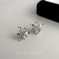 Silver Textured Iris Flower Metal Stud Earrings Pair Style view 1