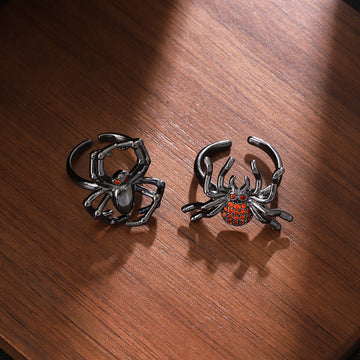 Gunmetal Spider Open Adjustable Ring Red Crystal Eyes