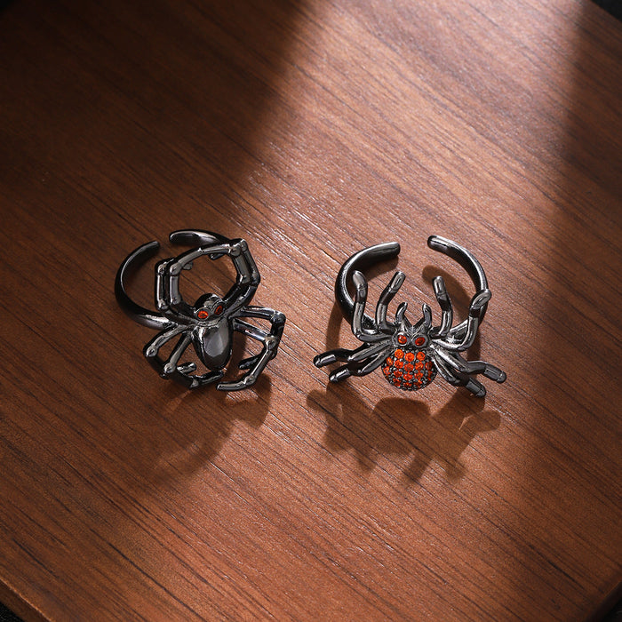 Gunmetal Spider Open Adjustable Ring Red Crystal Eyes