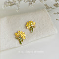 Yellow Enamel Peony Flower Gold Stud Earrings Green Leaf view 6