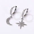 Silver Tone Star Moon CZ Mismatch Huggie Hoop Drop Earrings view 4