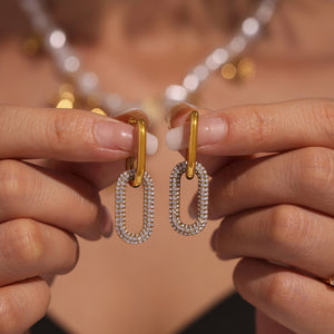 Gold U-Shape Double Oval Pavé Zircon Link Huggie Earrings