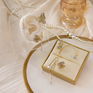 Gold Butterfly Flower Ear Cuff with Rhinestone Chain Tassels