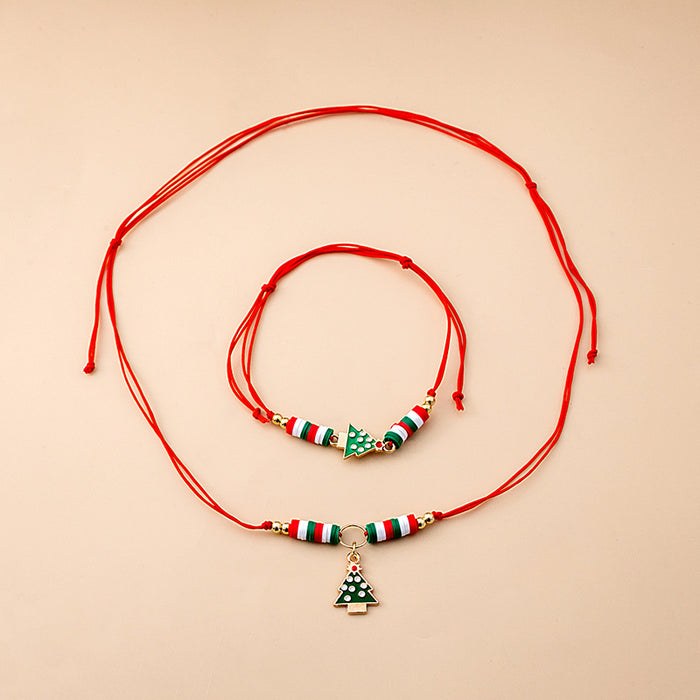 Christmas Red Cord Necklace Bracelet Sets Tree Santa Bell