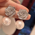 Silver Tone Camellia Baguette CZ Pearl Drop Earrings view 2