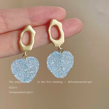 Gold Open Stud Blue Crystal Heart Drop Earrings Pair