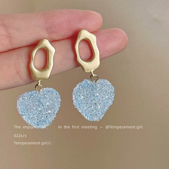 Gold Open Stud Blue Crystal Heart Drop Earrings Pair