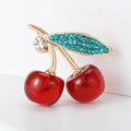 Gold Tone Red Cherry Brooch Turquoise Rhinestone Leaf view 2