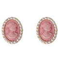 Gold Tone Pink Woman Profile Cameo White Pearl Halo Stud Earrings view 5