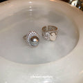 Silver Tone Gray Pearl Like Oval Ring With Clear Crystal Halo view 2