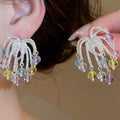 Pastel Beaded Fountain Tassel Statement Stud Earrings view 2