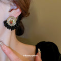 Black Beaded Floral Fan Statement Stud Earrings Decorative Jewelry view 3