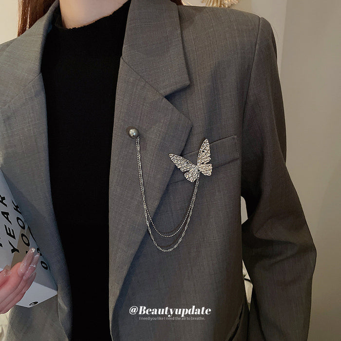 Silver Tone Crystal Butterfly Double Chain Brooch With Gray Pearl Like Pin