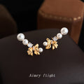 Gold Pearl Bow Ear Climber Earrings Zircon Accents view 1