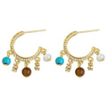 Gold Pavé C-Hoop Charm Earrings Tiger Eye Turquoise Shell view 5