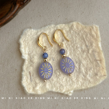 Gold Lavender Glass Sunburst Oval Drop Earrings Pair