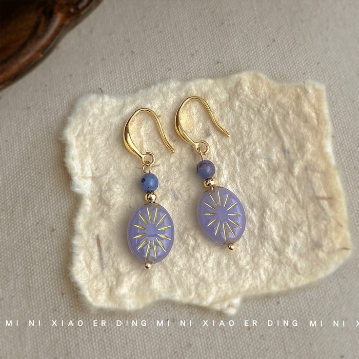 Gold Lavender Glass Sunburst Oval Drop Earrings Pair