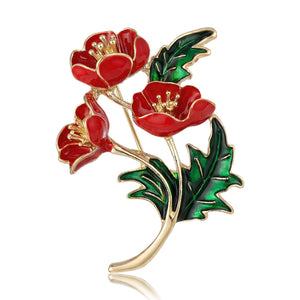 Red Enamel Poppy Flower Brooch Green Leaf Gold Silver Pin