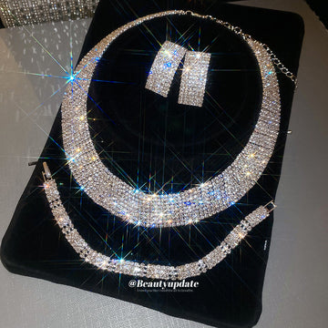 Silver Pave Rectangular Collar Necklace Earring Sets Bracelets