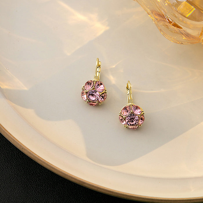 Pink Crystal Ball Lever Back Earrings Gold Setting