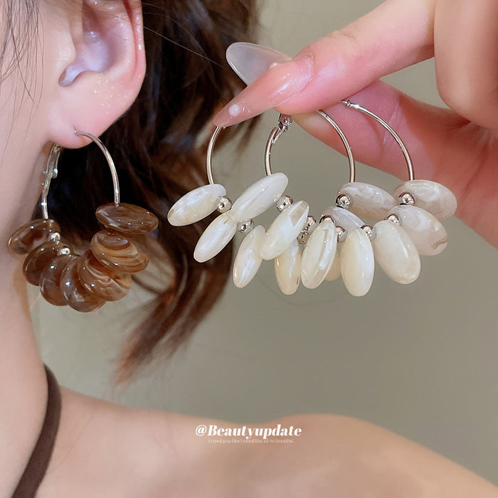 Shell Chip Hoop Earrings with Silver Tone Hooks with Reflective Details