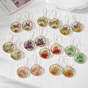 Resin Dried Flower Gold Frame Drop Earrings 9 Styles