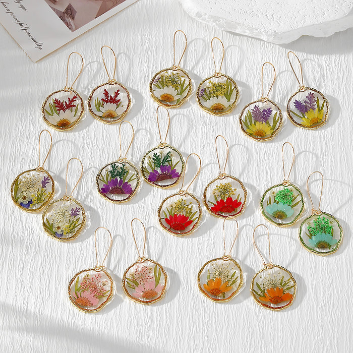 Resin Dried Flower Gold Frame Drop Earrings 9 Styles