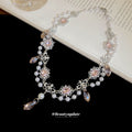 Pink White Floral Pearl Fringe Statement Necklace For Women view 2