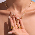 Freshwater Pearl Heart Charm Beaded Necklace Pink Stone Gold view 4