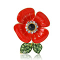 Red Enamel Poppy Flower Brooch With Green Crystal Leaves view 5