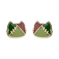 Gold Tone Green Burgundy Patchwork Cat Head Stud Earrings view 5