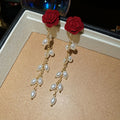 Red Rose Pearl Branch Drop Earrings with Distinctive Textured Details view 6