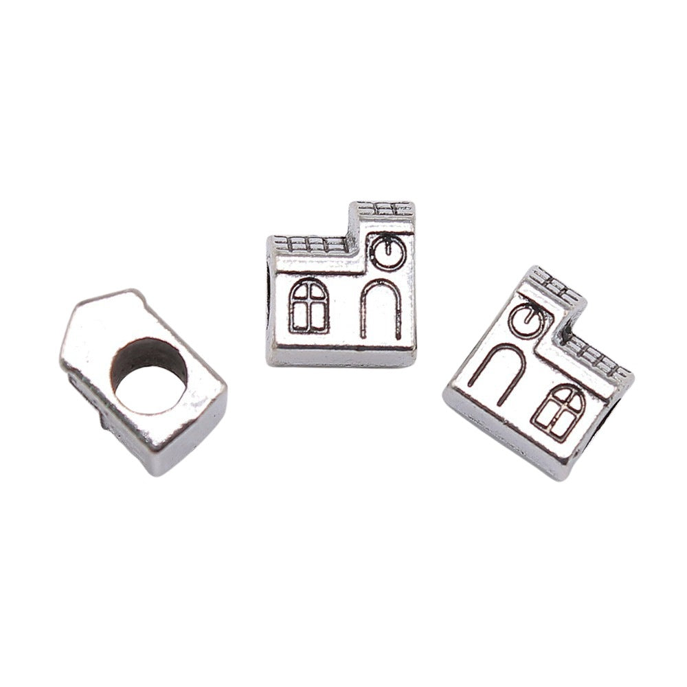 11x10x7mm 2.4g Antique Silver Zinc Alloy House Large Hole Loose Metal Beads for Bracelet Necklace DIY Jewelry