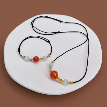 Red Agate Bead Black Cord Necklace Gold Wire Accent Beads