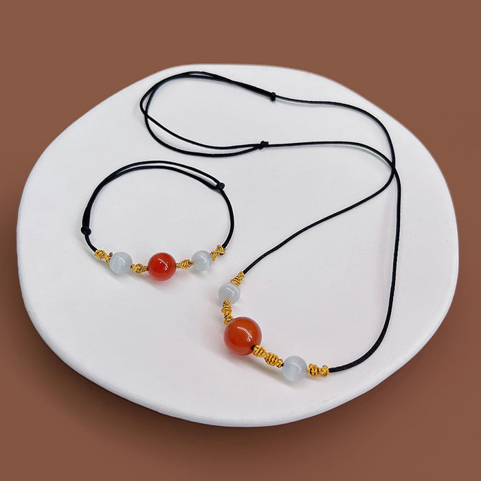 Red Agate Bead Black Cord Necklace Gold Wire Accent Beads