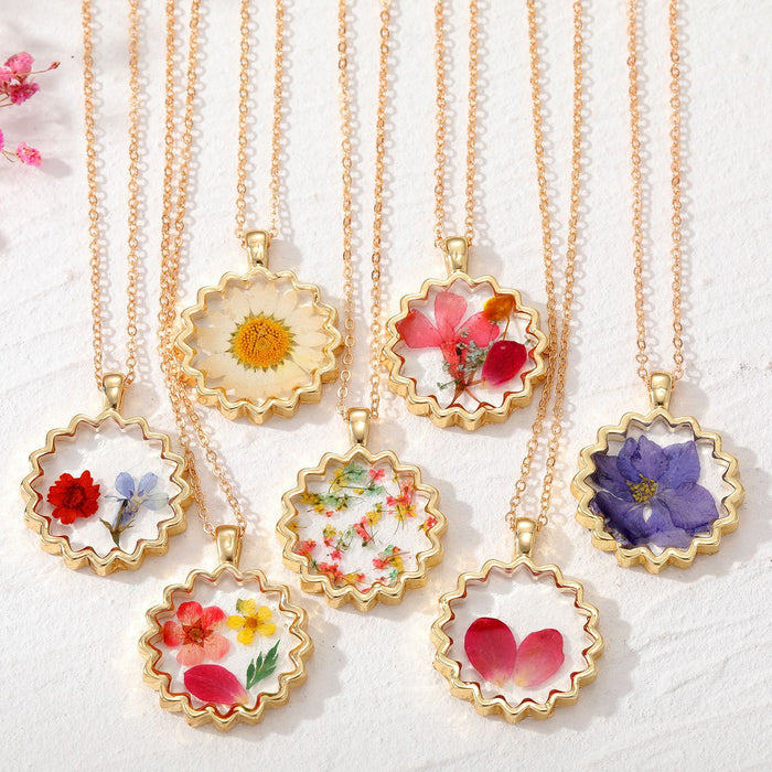 Gold Tone Scalloped Resin Pressed Flower Pendant Necklaces in Seven Designs