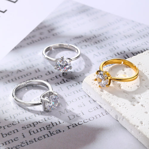 Main product view of gold and Silver Tone Solitaire Crystal Adjustable Rings