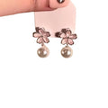 Pink Flower Pearl Drop Silver Tone Dangle Stud Earrings view 5